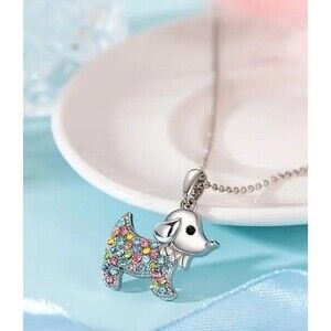 Multicolor RAINBOW Rhinestones Puppy Dog Necklace